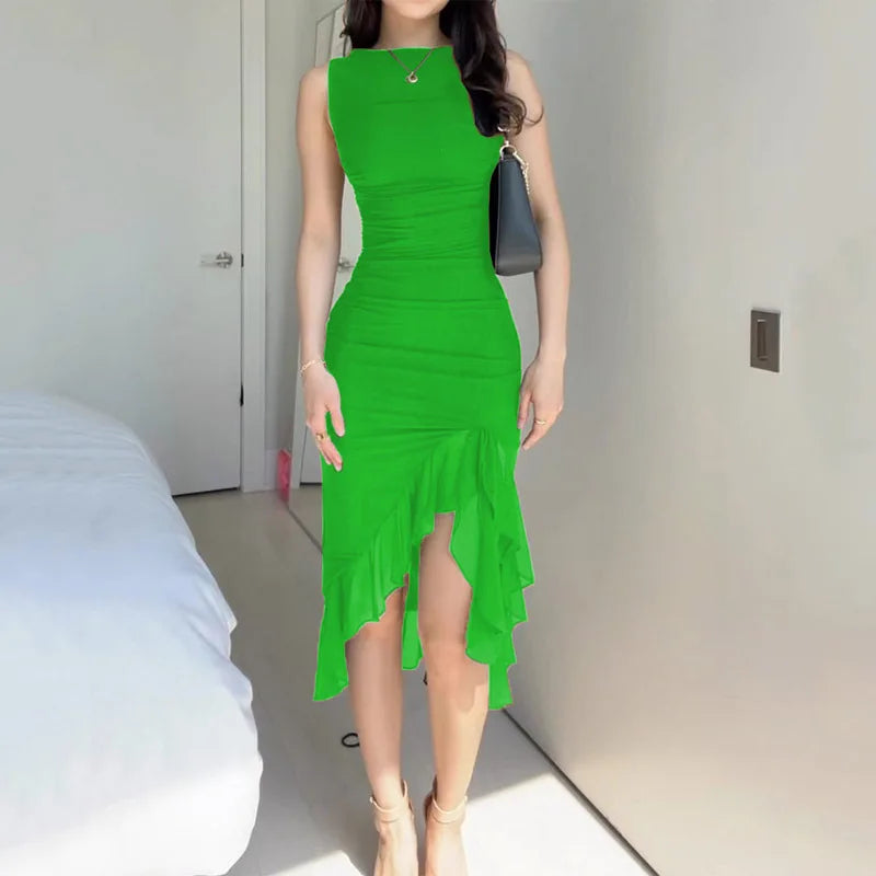 Dresses For Women 2023 Summer Elegant Solid Sleeveless Vestidos Slim Backless Ruffles Irregular Streetwear Party Evening Dress