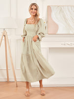 Women Spring Fall Long Dress Long Sleeve Dress Square Neck Embroidery Flower Loose Swing Dress Wit Pocket