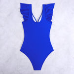 2026 Solid Women's Swimsuit Trend Tummy Control V Neck Sexy Black Bikini Ruched Bathing Suits Slim Fit Ruffle Sleeve Swimwear