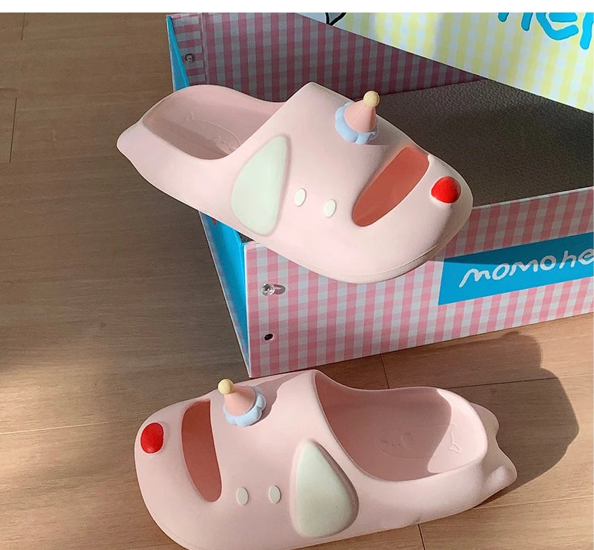Cute Cartoon Dog Indoor Street Slippers For Women Summer House Shoes Soft EVA DIY Funny Birthday Hat Girls Home Beach Slides