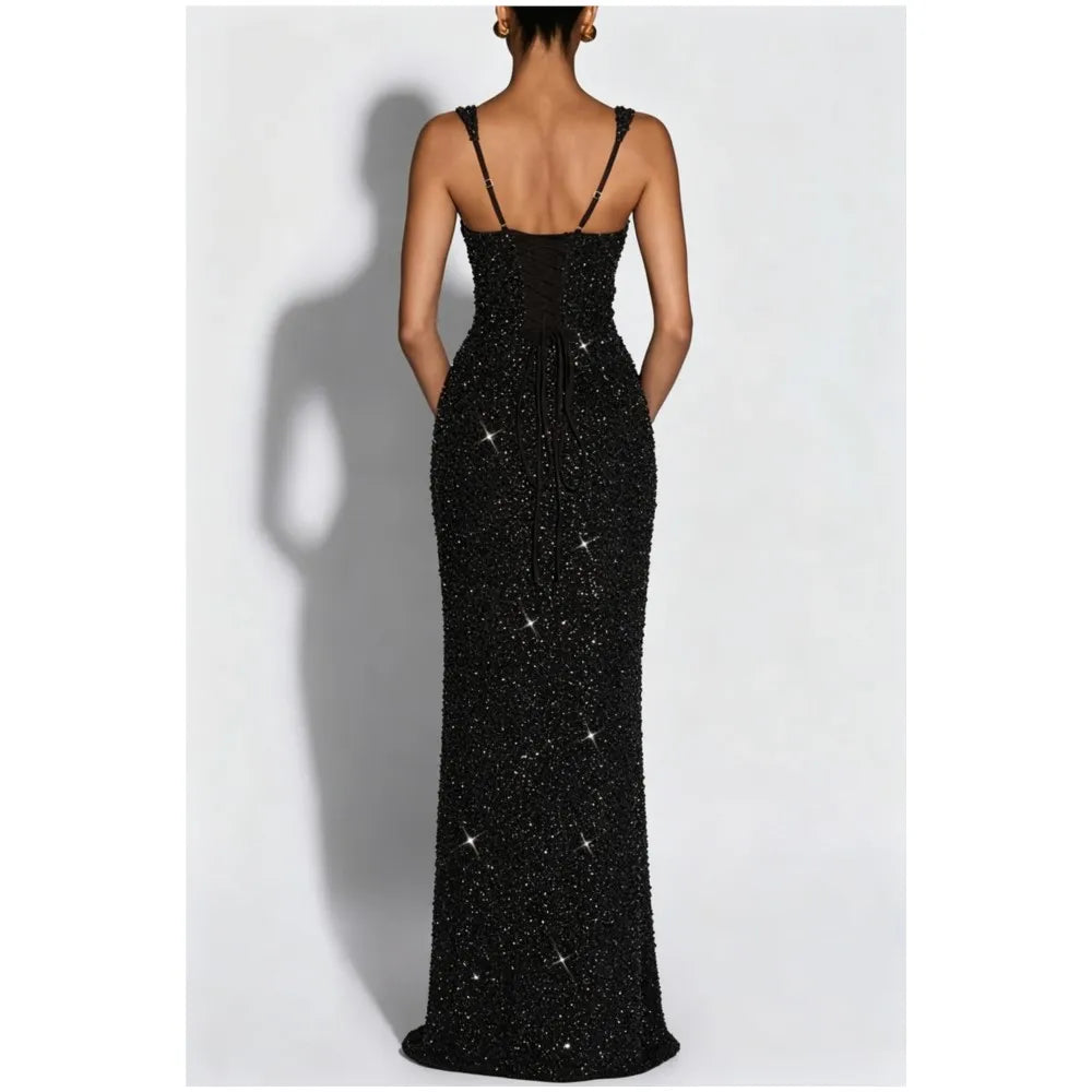 Women's Sequin Maxi Dress Burgundy Square Neck Sleeveless Bodycon Evening Gown Formal Party Prom Cocktail Mermaid Long Dresses