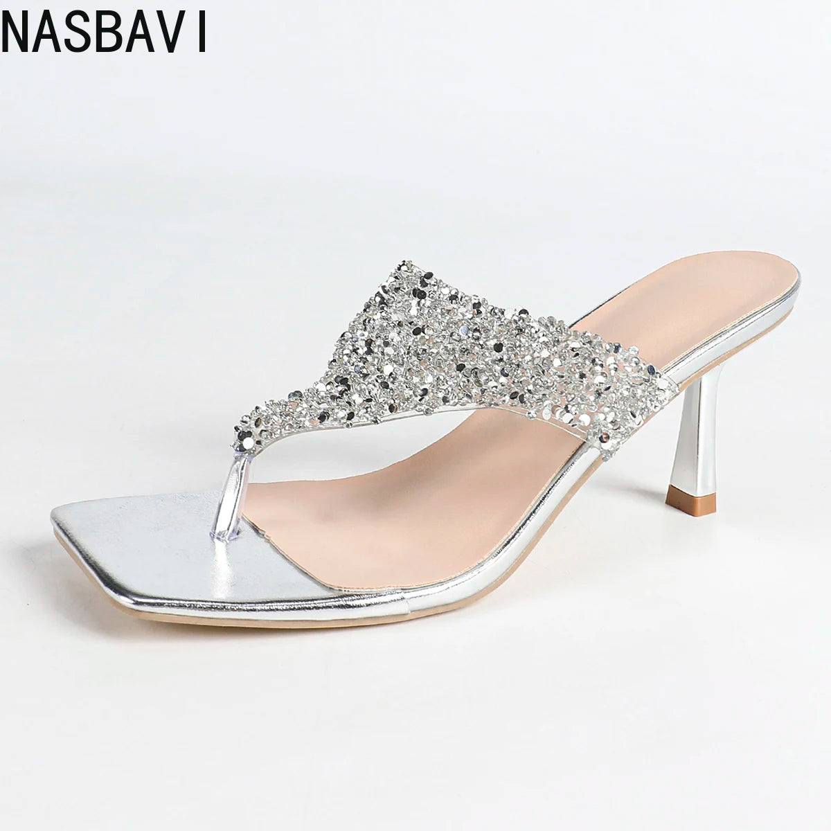 NASBAVI 7cm Thin-heeled Flip-flops for Summer, Shiny Rhinestones, Square-toed, Open-toed, Hermeted Casual Outerwear for Women