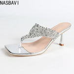 NASBAVI 7cm Thin-heeled Flip-flops for Summer, Shiny Rhinestones, Square-toed, Open-toed, Hermeted Casual Outerwear for Women