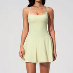 Women Tennis Dress with Shorts Pocket Square Neck Hollow Back Sleeveless One Piece Sports Outfit Fitness Pleate Mini Dresses