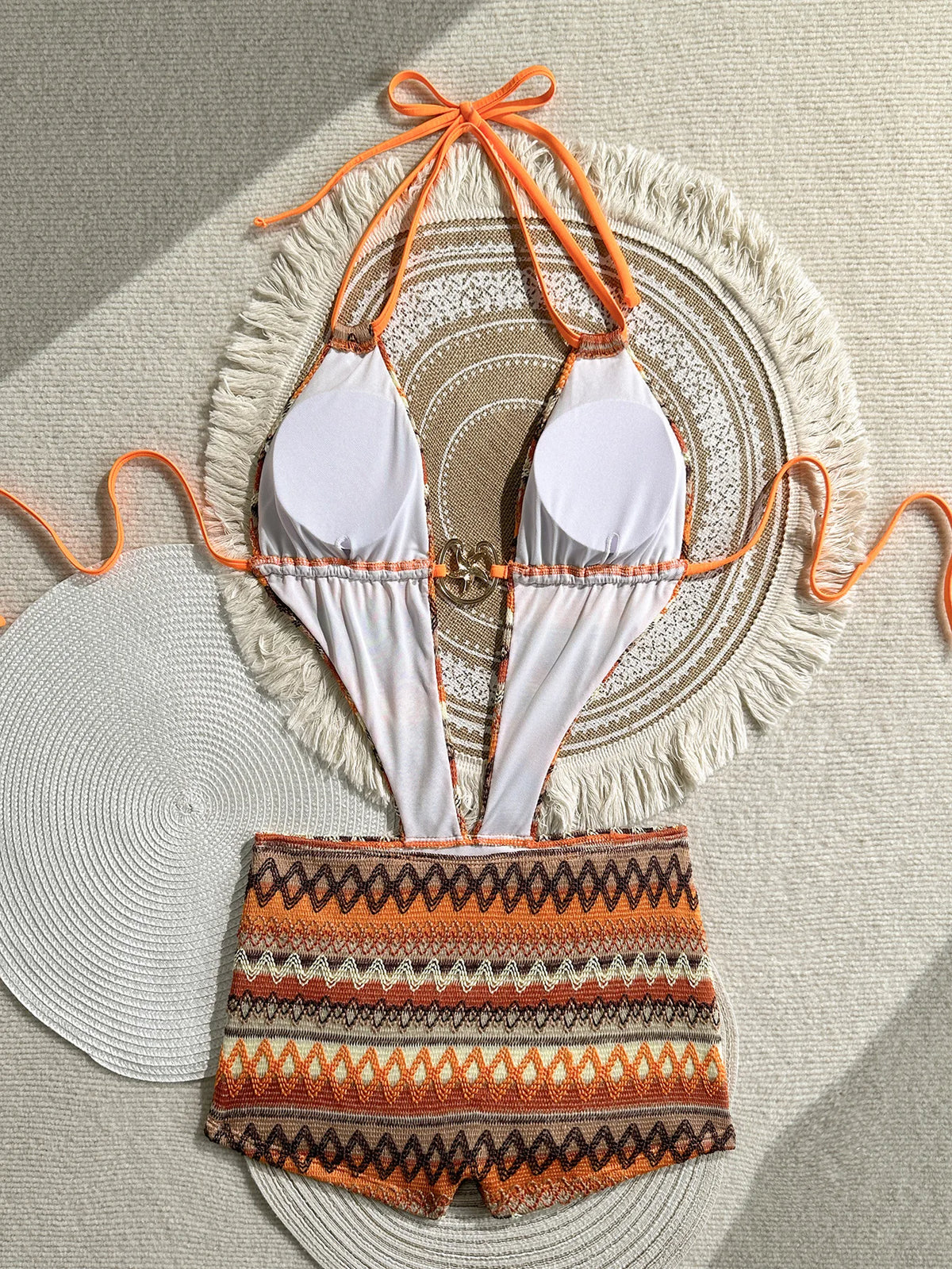 Sexy Hot Pink Knitted Striped Swimsuit 2026 Women Metal Circle Patchwork Hollow Backless Beach Bathing Suit One Piece Swimwear