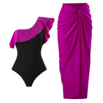 2024 Sexy Sling Ruffle Solid Two Pieces Bikini Women High Waist 3D Flower Swimsuit Skirt Summer Backless Beachwear Bathing Suit