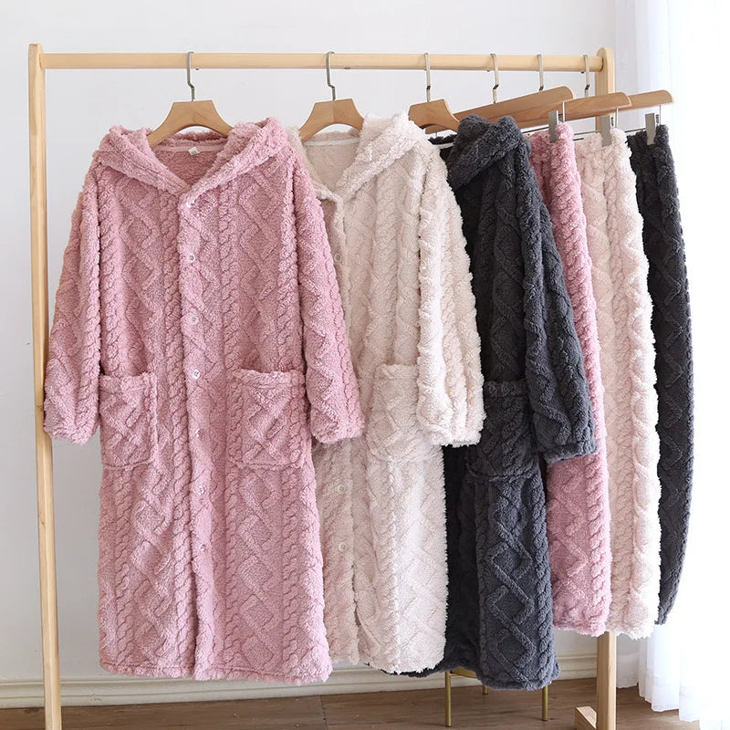 Winter Couple Flannel Pajamas Set Long Thickened Suit with Long-Sleeved Hooded Tops And Pants for Men /Women Home Comfort Wear