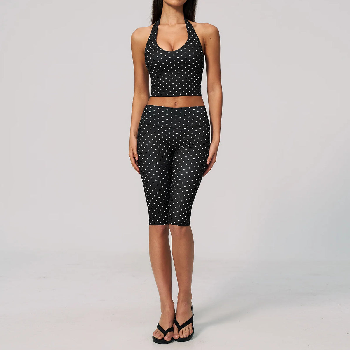 New Summer Women White Polka Dot Print Yoga Sets Hanging Neck Slim Sport Vest High Waist Mid Pants Gym Two-piece Workout Clothes