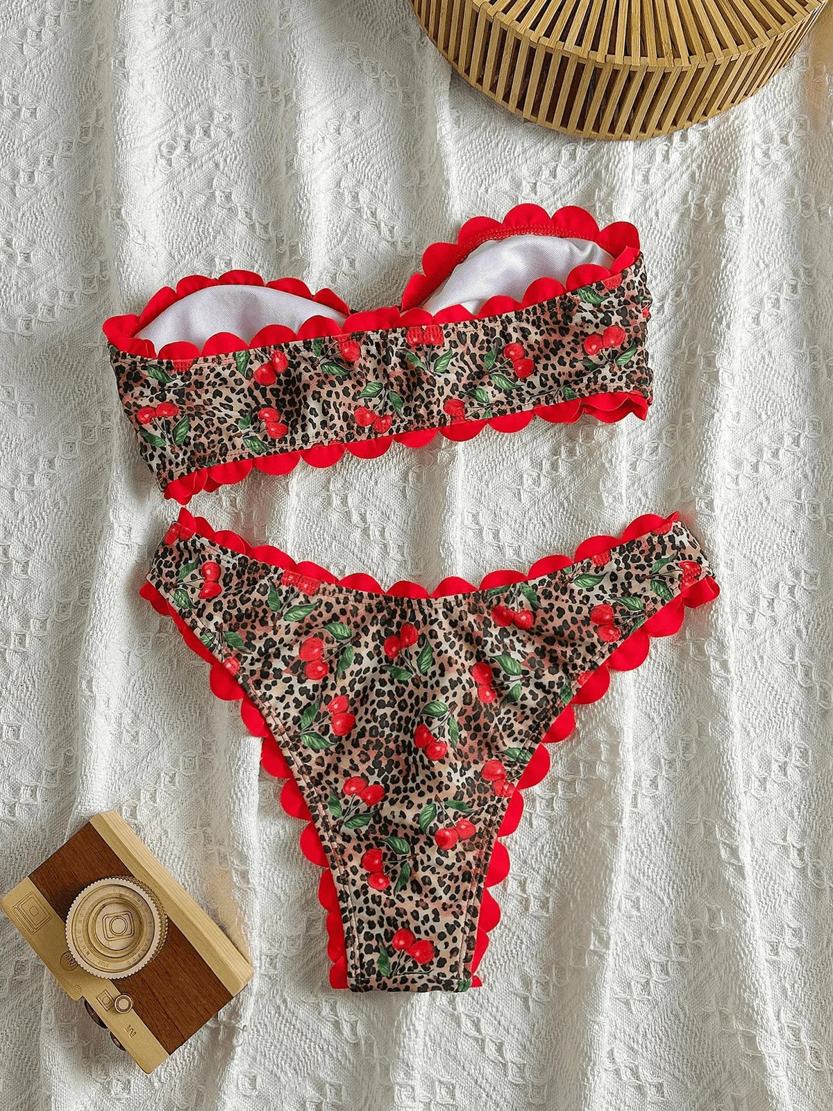 Sexy Bandeau Bikini 2026 Women Red Leopard Print Front Bow Push Up Bra High Waist Swimsuit Beach Bathing Suit Vacation Swimwear