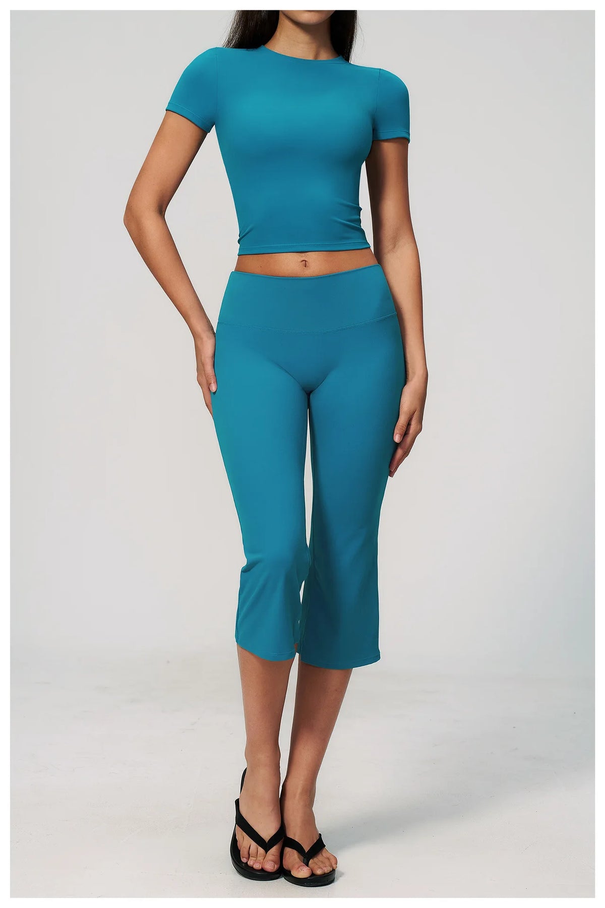 Yoga Set for Women High Waist Hip Lifting Tight Mid Pants Fitness Suit Short Sleeve O Neck Slimming Sports T Shirt Athletic Wear