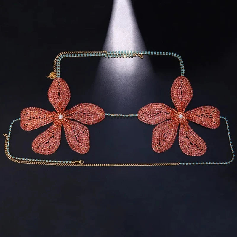 Exaggerated Crystal Flower Chest Chain Lingerie Women Accessories New in Summer Top Rhinestone Body Jewelry Bra Bikini Clothing