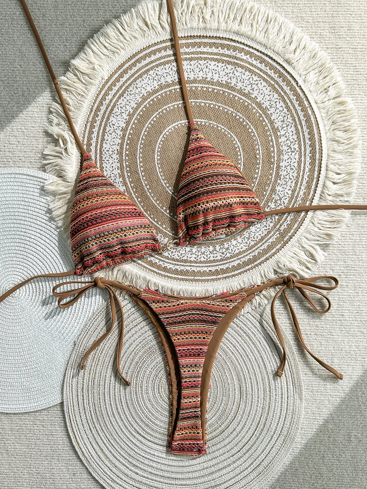 Sexy Coffee Striped Micro Bikini Set 2026 Women Halter Push Up Bra Bandage Thong Swimsuit Summer Bathing Suit Holiday Swimwear