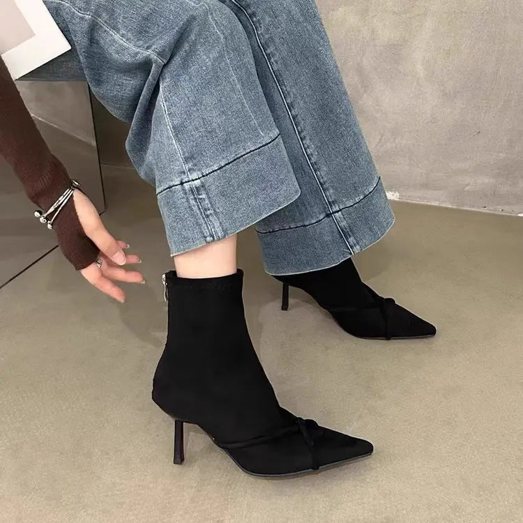 Vintage Women Ankle Boots Fashion Pointed Toe Thin High Heels Shoes Party Prom Elastic Slim Botas Para Mujer 2025 New