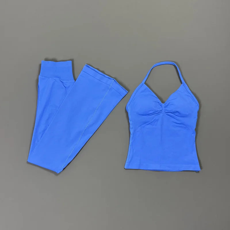 2 Piece Yoga Flares Leggings Set Seamless Women Gym Tank Top and Booty Lift Fitness Flared Pants Open Back Workout Sports Suit