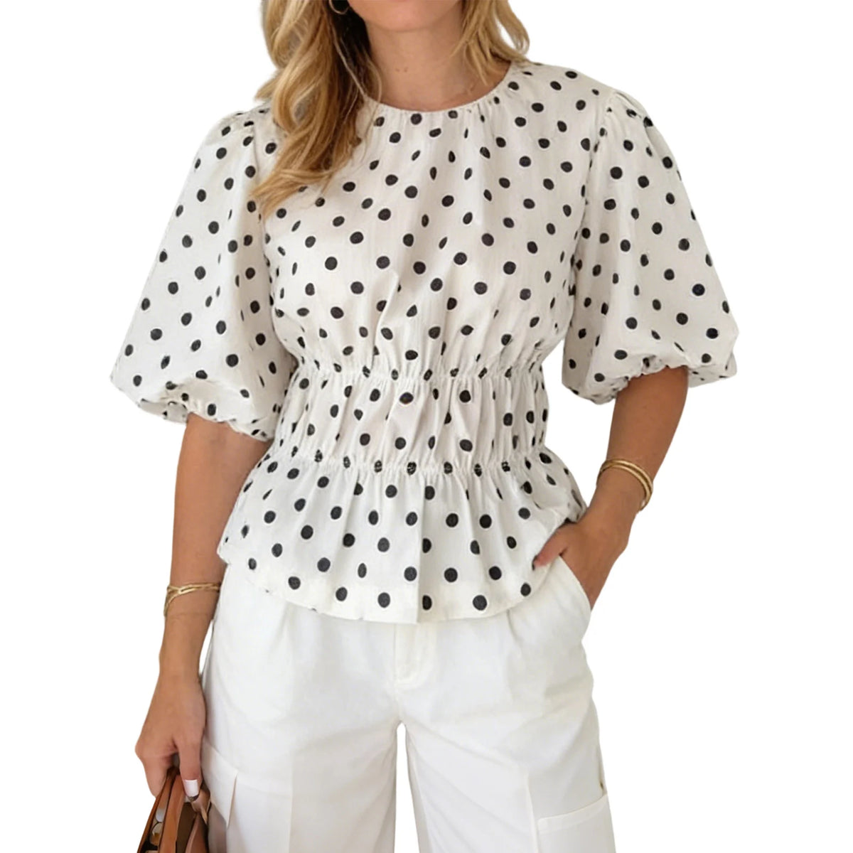 Women's Summer Puff Sleeve Tops Fashionable Dot Print Round Neck Cinched Waist T-shirts for Casual Daily Wear