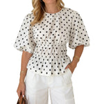 Women's Summer Puff Sleeve Tops Fashionable Dot Print Round Neck Cinched Waist T-shirts for Casual Daily Wear