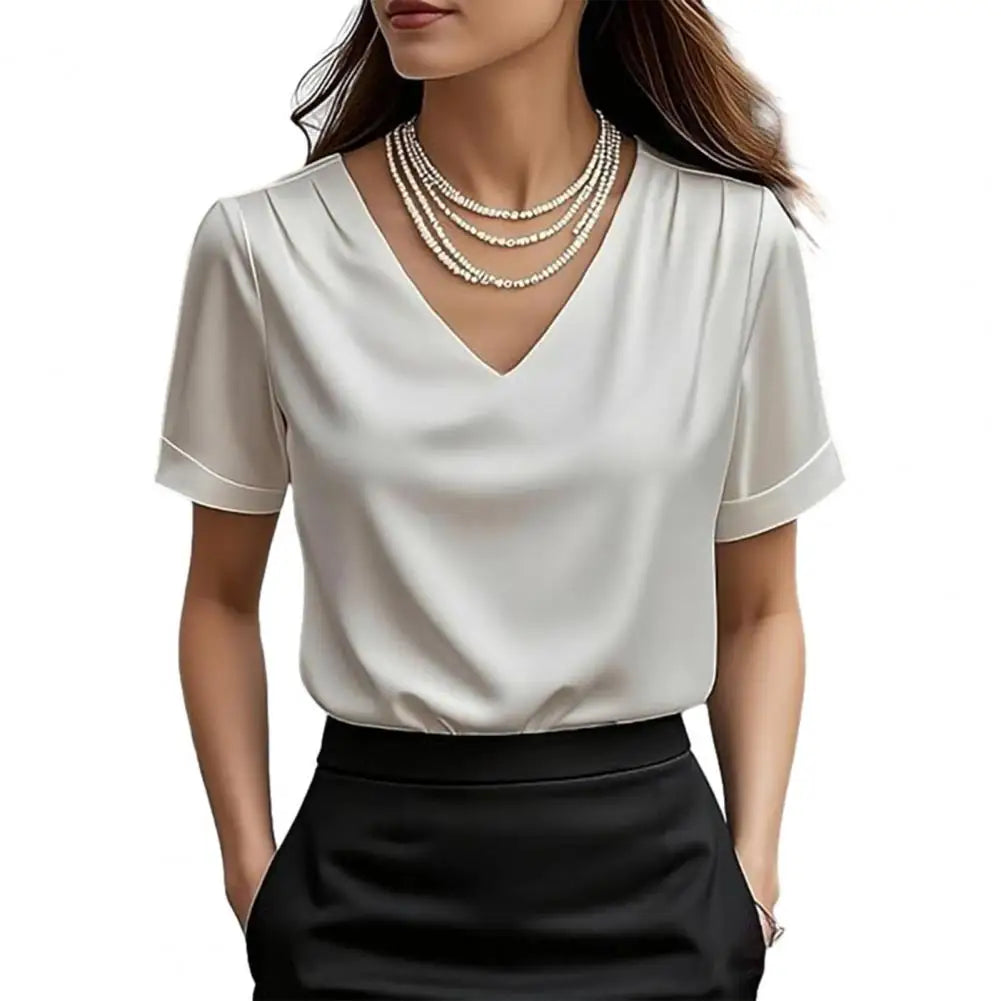 Women T-shirt Solid Color Loose Fit Smooth Satin V-Neck Short Sleeve Tops Ladies Summer Casual Tee Shirt Daily Wear
