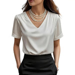 Women T-shirt Solid Color Loose Fit Smooth Satin V-Neck Short Sleeve Tops Ladies Summer Casual Tee Shirt Daily Wear