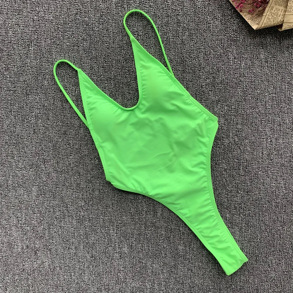 2026 Fluorescent Green One Piece Swimsuit for Women,solid Color,thong Backless Bikini,U-neck Suspender Swimwear,Adjustable Strap