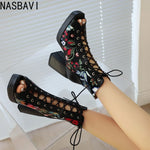 White Floral Embroidered Peep Toe Lace-Up Chunky Block Heel Platform Hollow Out Ankle Sandal Boots for Women