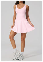 Bodycon Tennis Dress with Shorts Pocket Women Speed Dry Sleeveless V Neck One Piece Sport Outfit Short Dress Fitness Yoga Set