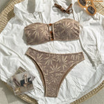 Brown Leaf Fishing Net Bandeau Bikinis Sets Front Hollow Out Sexy Swimsuit Woman 2026 Bead Swimwear Bathing Suit Bikini De Mujer
