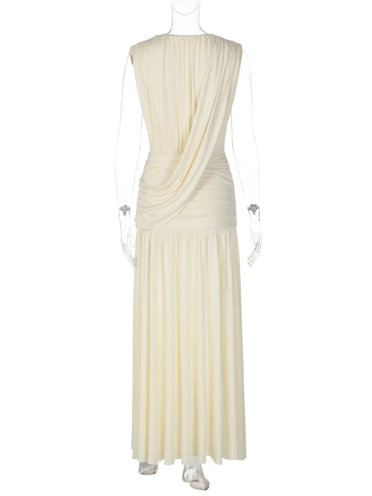 FDYOUI Womens Chic V-neck Sleeveless Pleated Long Maxi Holiday Dress Ladies Summer High Waist Tunics Solid Evening Party Dresses