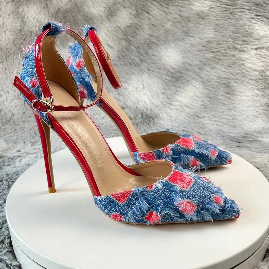 New Denim Fashion Denim color blockingSandals High Gladiator Heels Ladies Office ShoesPlus Big Size45-46 12cm slim heel