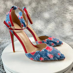 New Denim Fashion Denim color blockingSandals High Gladiator Heels Ladies Office ShoesPlus Big Size45-46 12cm slim heel