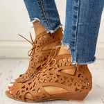 Wedge Sandals for Women 2023 Summer Shoes Fashion Lace Up Low Heel Flat Ladies Sandals Large Size Casual Hollow Out Sandalias