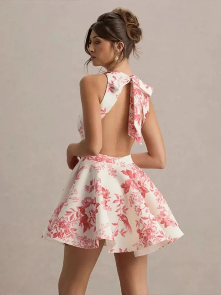 Tank A-Line Mini Dress For Women Fashion Sexy Streetwear Floral Printed Sleeveless Halter Neck Backless Lace-up Vestidos Female