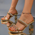 Special-shaped Heel Sandals Summer New Square Head Shallow Mouth Crystal with Set Foot Non-slip High-heeled Slippers