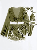 Sexy 4pcs Boho Tassels Trim Bikinis Sets Ladies Padded Bikini Set +cover Up Tops Skirts Beachwear Bathing Suit Biquini Monokini