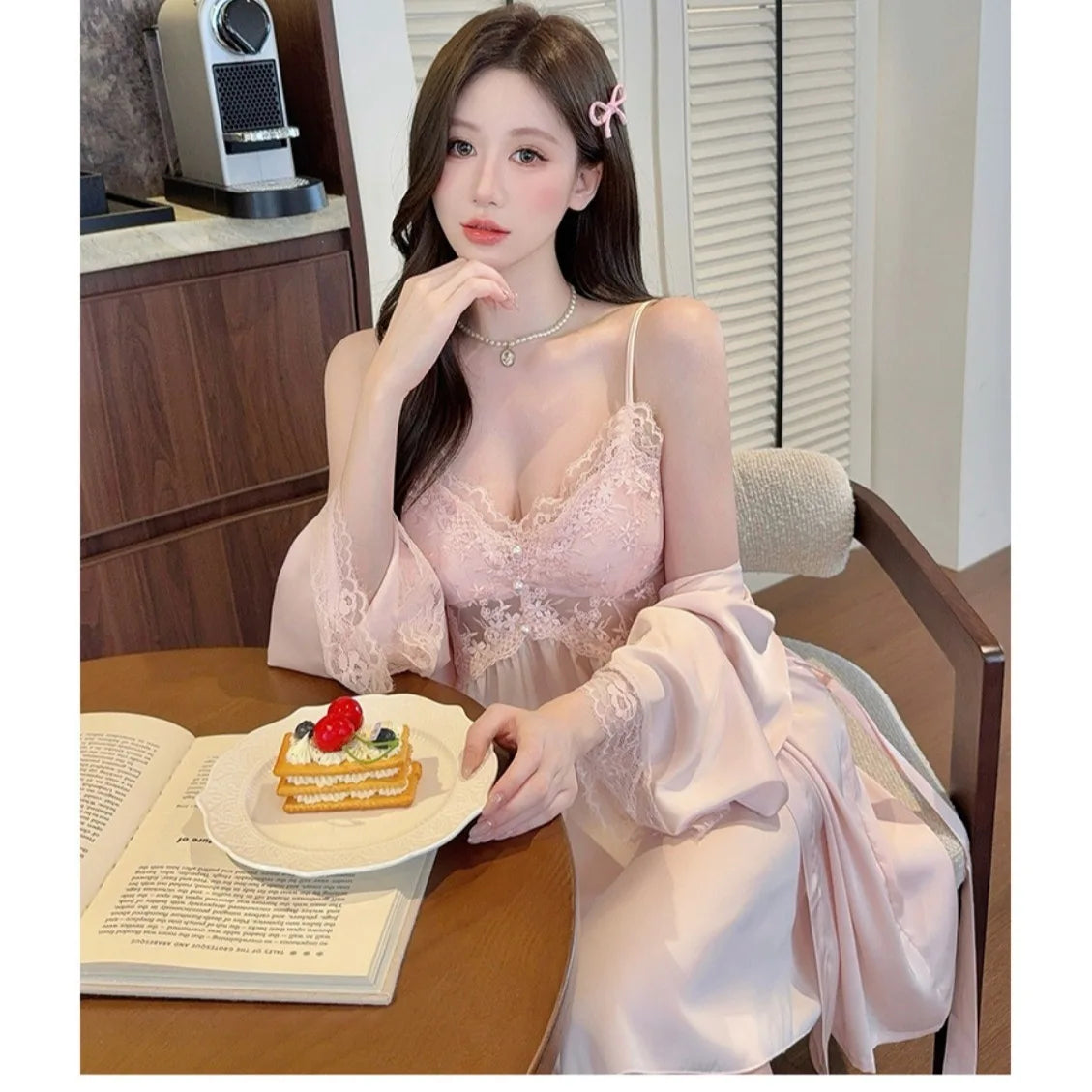 French New Style Pure Sexy Sleep Dress with Built-in Bra V Neck Summer Thin Slim Waist Lace Hollow Out Pajama Set Homewear