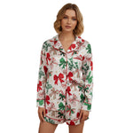 Women's 2025 Satin Christmas Pajama Set Long Sleeve Lapel Bow Print Shirt Wide Leg Shorts Loose Two Pieces Sleepwear