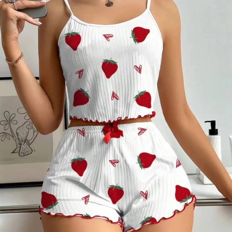 New Strawberry Print Sleepwear Set Women's Ribbed Pajamas with Hearts & Bow Soft Comfy Lounge Set with Shorts Cute Summer