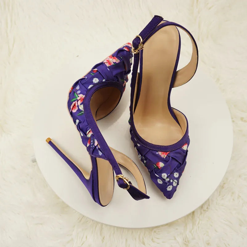 NoEnName_Null-Blue satin women's high heel sandals, dance, flowers, Silk patterned high-heeled shoes 12cmBanquet shoes