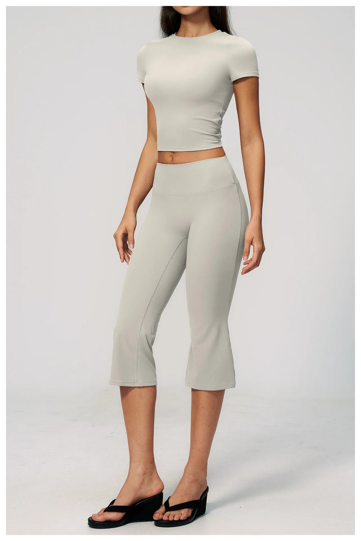 Yoga Set for Women High Waist Hip Lifting Tight Mid Pants Fitness Suit Short Sleeve O Neck Slimming Sports T Shirt Athletic Wear