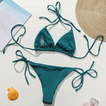 Sexy Ribbed Halter Micro Thong Bikini Female Swimsuit Women Swimwear Two-pieces Bikini Set Mini String Bather Bathing Suit Swim