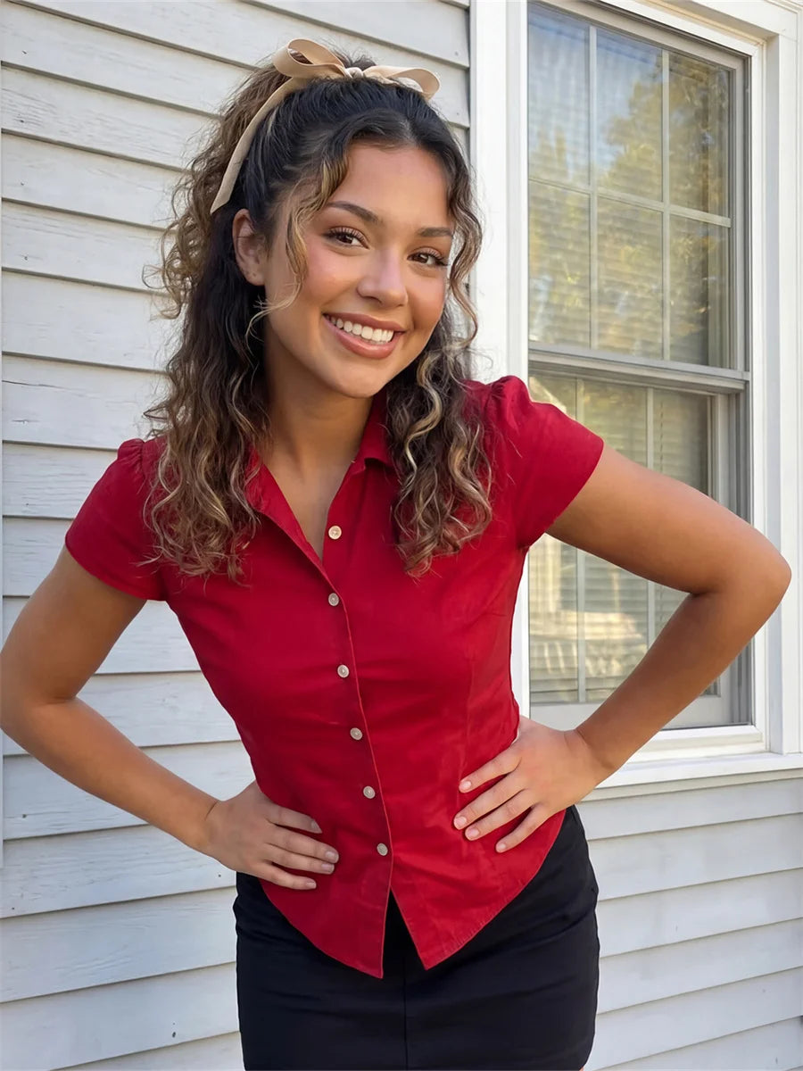 Women's Button Down Shirt Solid Color Short Sleeve Slim Fit Lapel Ruched Tops and Blouses Streetwear 2026 Summer