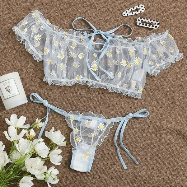 Toucheart Sexy Underwear Lace Lingerie Set For Women Off-Shoulder Small Chest Bralette+Thong Beachwear Transparent Bra Set New