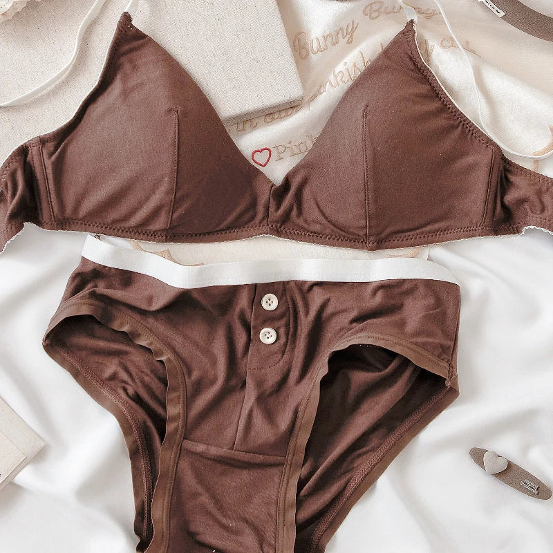 Sexy Women Underwear Set French Thin Cup Deep V Push Up Bra Summer Solid Wire Free Comfort Seamless Lingerie and Bra Briefs Set