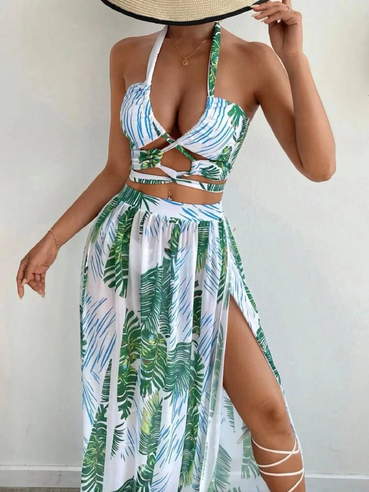 2024 Halter Criss Cross Bikini Tropical Print Swimsuit & Beach Dress 3 Piece Sexy Swimwear Women Bathing Suit Beachwear Summer
