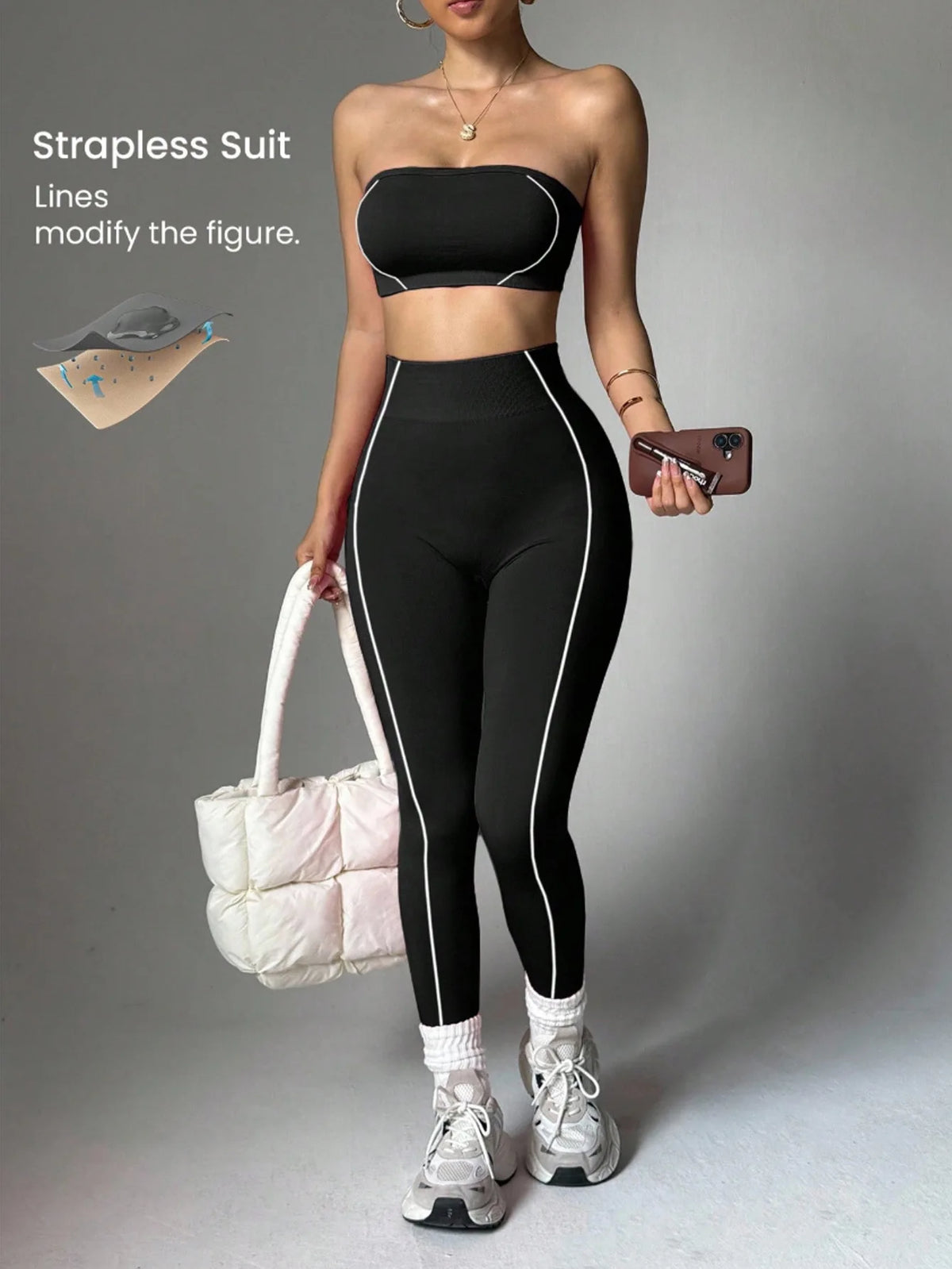 Women Strapless Bandeau Sports Bra Seamless High Waist Yoga Leggings Set Padded Workout Fitness Gym 2 Piece Outfits
