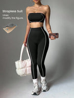 Women Strapless Bandeau Sports Bra Seamless High Waist Yoga Leggings Set Padded Workout Fitness Gym 2 Piece Outfits
