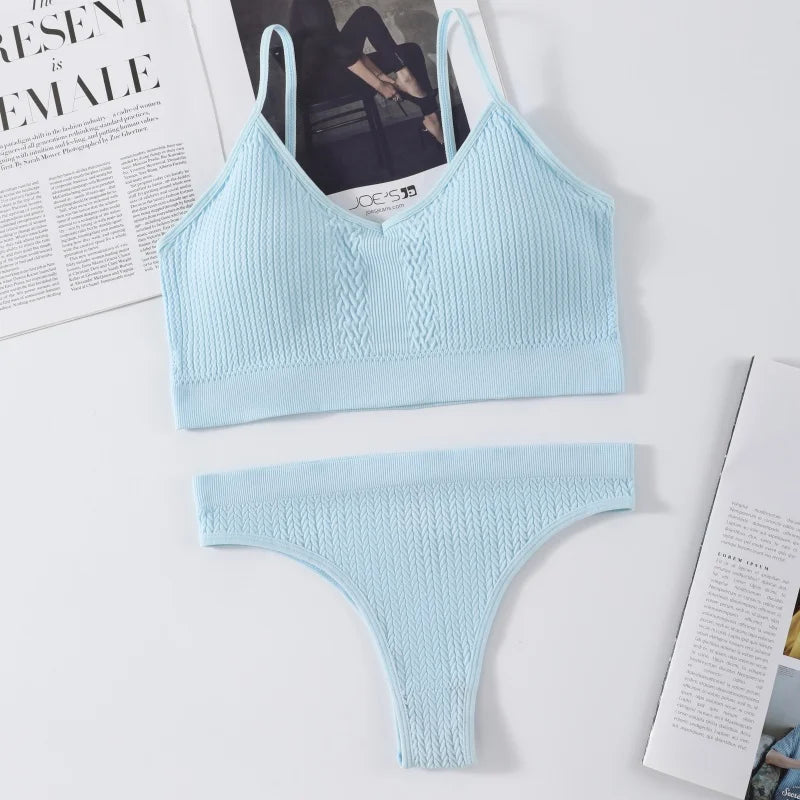 Women Seamless Bra Panties Set Push-Up Non-wire Bralette Low-Rise Briefs Sexy Lingerie Female Comfort Rib Sports Underwear Set