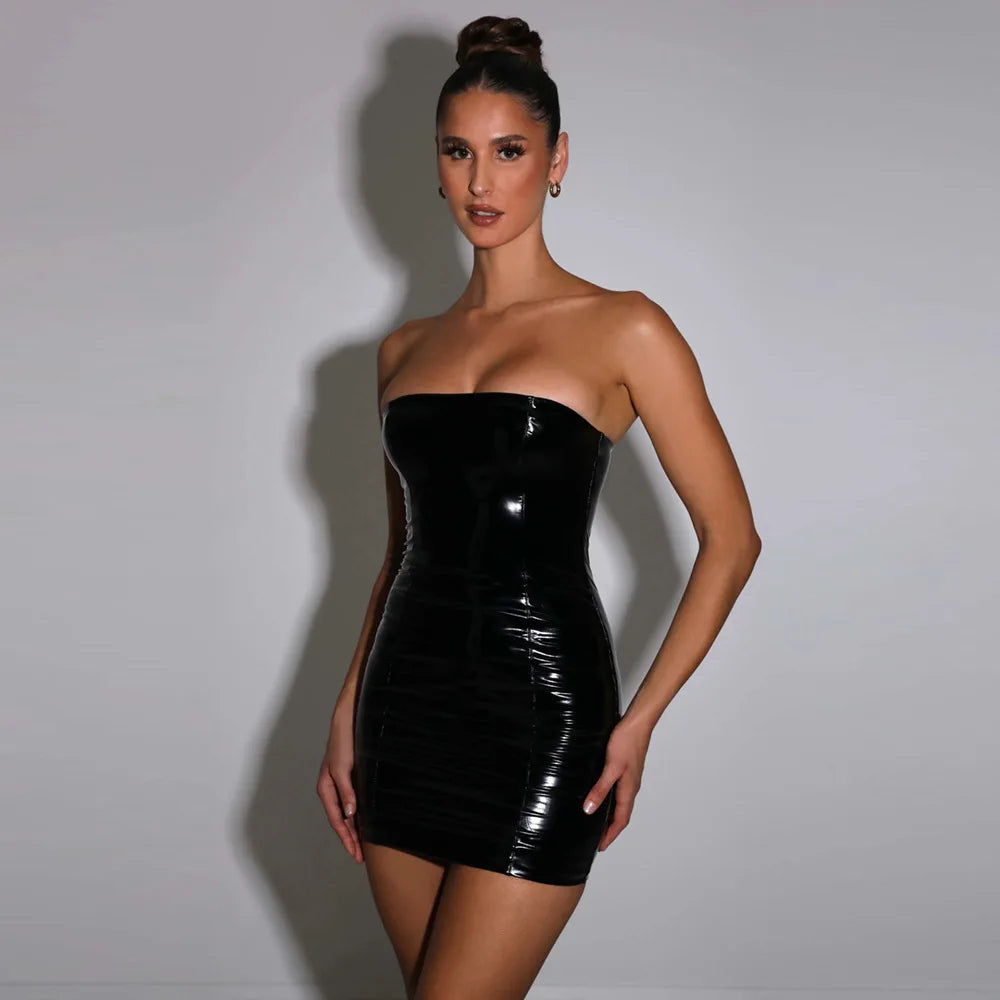 Glossy Leather Tube Top Mini Dress Women Fashion Sexy Backless Package Hip Slim Sleeveless Short Dresses Hot Girl Streetwear