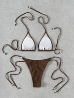 Sexy Coffee Bikini Set Women Pearls Strap Push Up Bandage Thong Swimsuit 2025 Brazilian Summer Bathing Suit Micro Swimwear