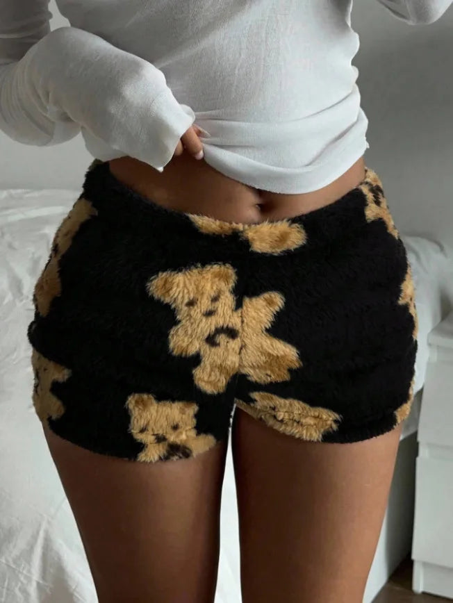 Women Autumn Winter Ins Style Cute Bear Printed Fluffy Shorts Thick Soft Cozy Hot Girl Loungewear Sleep Wear