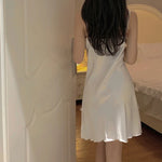 Women Lace Satin Nightgown Strapless White Slip Dress with Bow Detail, Silky Summer Sleepwear Home Dress